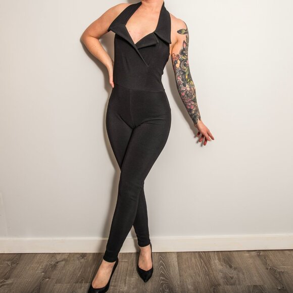 Vintage 80s Bisou Bisou Black Halter Catsuit RARE - Picture 2 of 6